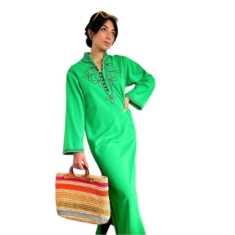 Vintage 1960s/70s Lime Green Embroidered Maxi Dress Boho